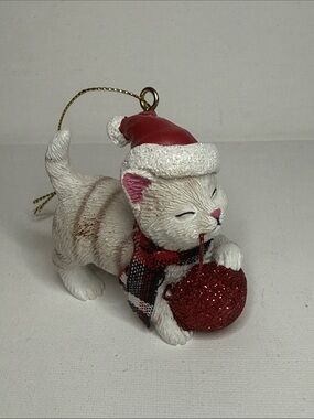 Festive White Cat Ornament with Red Hat and Glitter Ball
